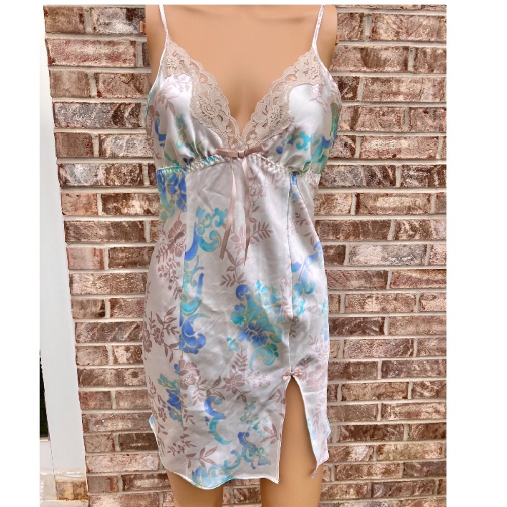 White, Beige, Blue Floral Fairy Lingerie Slip Nightgown Dress